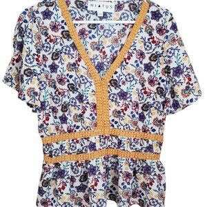 Hiatus Floral Babydoll Tier Top XL Ruffle Slit Sleeve V-Neck Crochet Boho Y2K